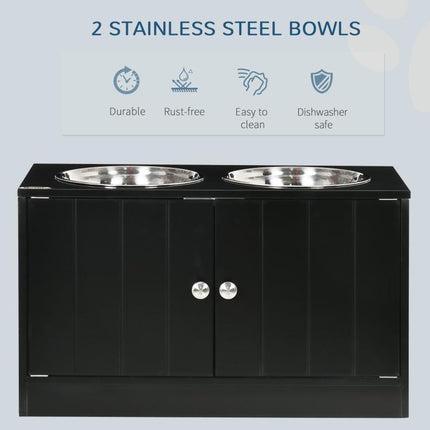 Raised Pet Feeder, with Two Bowls, Storage - Black