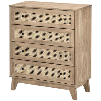 Storage Cabinet, 4-Drawer Unit with Rattan Element for Bedroom, Living Room, 80cmx35cmx95cm, Wood Effect