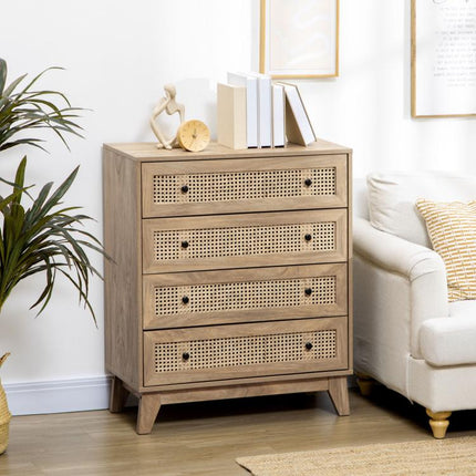 Storage Cabinet, 4-Drawer Unit with Rattan Element for Bedroom, Living Room, 80cmx35cmx95cm, Wood Effect