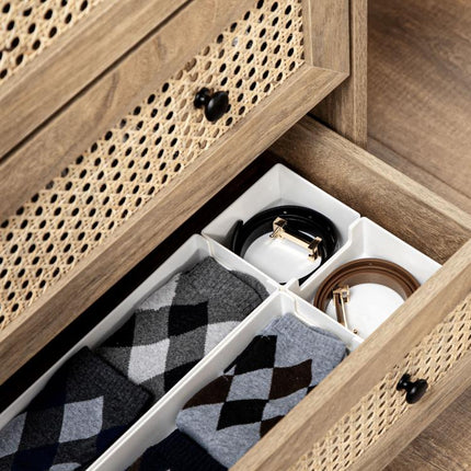 Storage Cabinet, 4-Drawer Unit with Rattan Element for Bedroom, Living Room, 80cmx35cmx95cm, Wood Effect