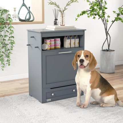 Pet Feeder Station, Dog, Cat Storage Container, with Raised Bowls, Hanger, Cabinet - Grey