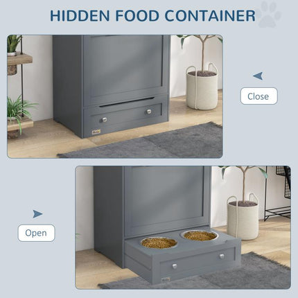 Pet Feeder Station, Dog, Cat Storage Container, with Raised Bowls, Hanger, Cabinet - Grey