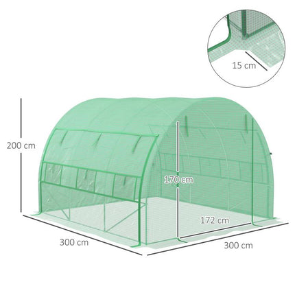 3x3m Walk-In Greenhouse Polytunnel Grow House Tent with Zipped Door & 6 Windows