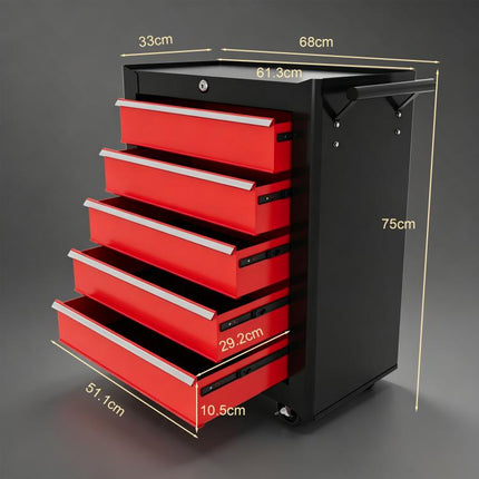 5-Drawer Tool Chest on Wheels with Lock and 2 Keys for Garage Workshop Red
