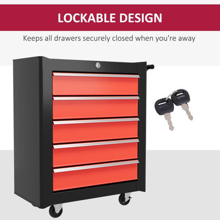 5-Drawer Tool Chest on Wheels with Lock and 2 Keys for Garage Workshop Red