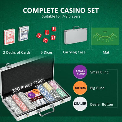 300-Piece Poker Chips Set, Poker Set with Mat, Chips, Two Card Decks, Dealer, Five Dices