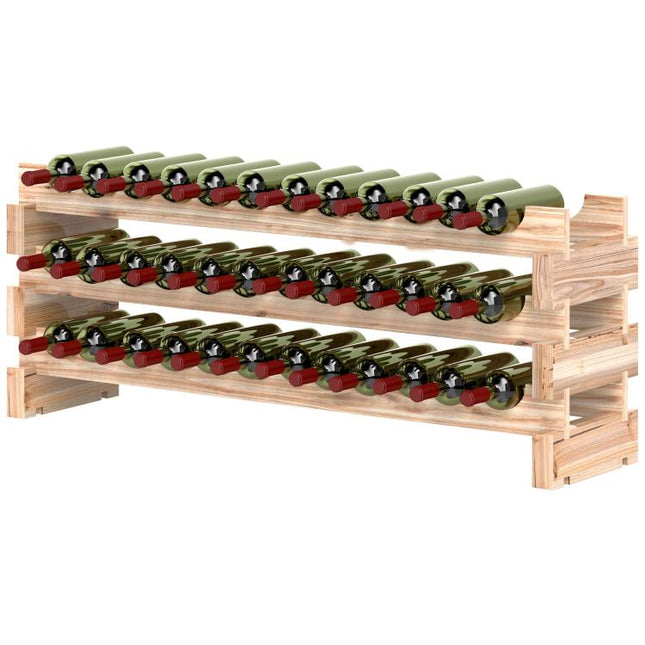 Store Up to 36 Bottles in Style – 3-Tier Natural Wood Wine Rack