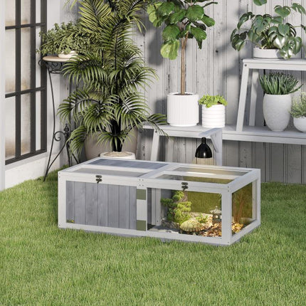 Wooden Tortoise House with Lamp Holder, Clear Windows, Openable Tops, Built-In Tray, Light Grey