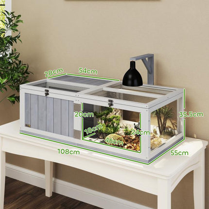 Wooden Tortoise House with Lamp Holder, Clear Windows, Openable Tops, Built-In Tray, Light Grey