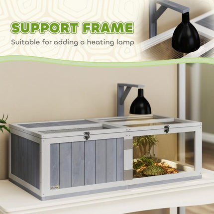 Wooden Tortoise House with Lamp Holder, Clear Windows, Openable Tops, Built-In Tray, Light Grey