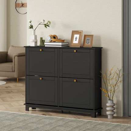 Narrow Shoe Storage Cabinet, Slim Shoe Cabinet with 4 Flip Drawers, Adjustable Shelves for 16 Pairs of Shoes, Black