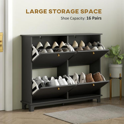 Narrow Shoe Storage Cabinet, Slim Shoe Cabinet with 4 Flip Drawers, Adjustable Shelves for 16 Pairs of Shoes, Black