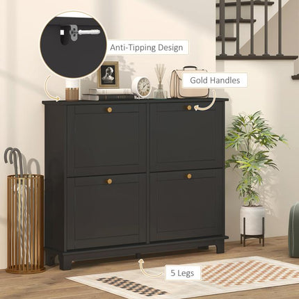 Narrow Shoe Storage Cabinet, Slim Shoe Cabinet with 4 Flip Drawers, Adjustable Shelves for 16 Pairs of Shoes, Black