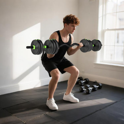 25 kg 3-in-1 Adjustable Dumbbell & Barbell Set with EZ Bar, Connecting Rod and Non-Slip Grip for Home Gym, Green