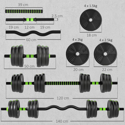 25 kg 3-in-1 Adjustable Dumbbell & Barbell Set with EZ Bar, Connecting Rod and Non-Slip Grip for Home Gym, Green