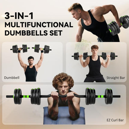 25 kg 3-in-1 Adjustable Dumbbell & Barbell Set with EZ Bar, Connecting Rod and Non-Slip Grip for Home Gym, Green