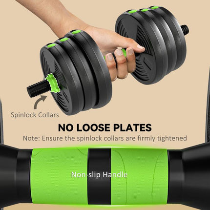 25 kg 3-in-1 Adjustable Dumbbell & Barbell Set with EZ Bar, Connecting Rod and Non-Slip Grip for Home Gym, Green