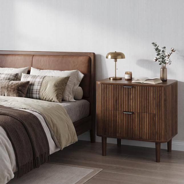 Simple bedside table, grooved wooden bedside table with 2 drawers, medieval modern bedside table, walnut veneer curved edge cabinet, bedroom living room storage desk