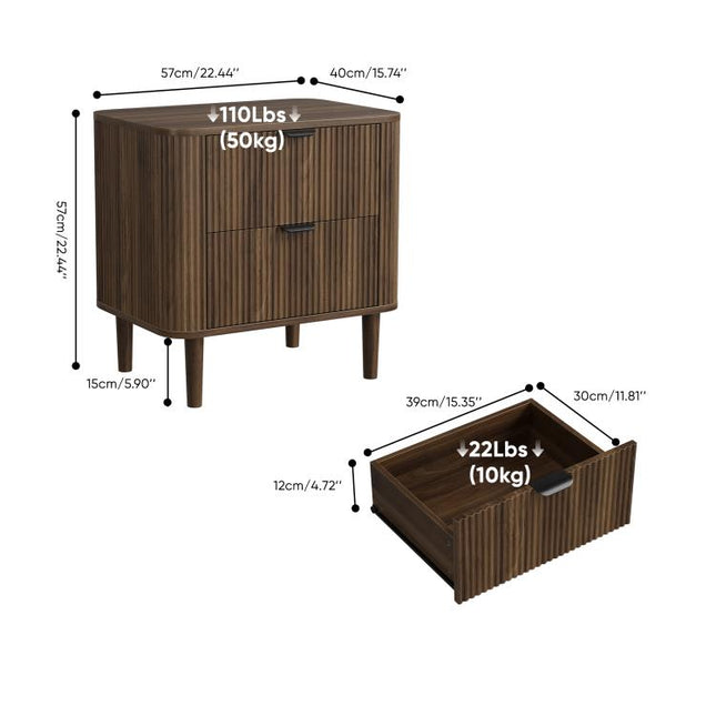Simple bedside table, grooved wooden bedside table with 2 drawers, medieval modern bedside table, walnut veneer curved edge cabinet, bedroom living room storage desk