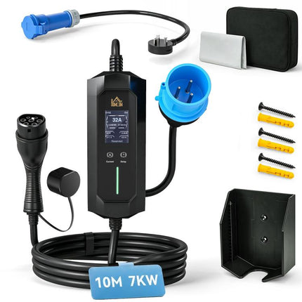EV Charger 7kW Type 2 to Blue CEE 32A Plug with UK 3 Pin Adapter 10m
