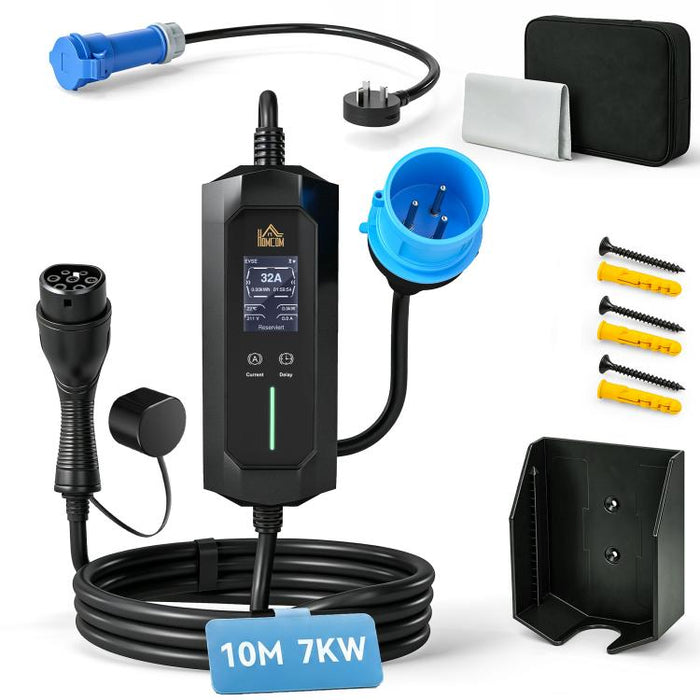 EV Charger 7kW Type 2 to Blue CEE 32A Plug with UK 3 Pin Adapter 10m