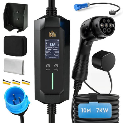 EV Charger 7kW Type 2 to Blue CEE 32A Plug with UK 3 Pin Adapter 10m