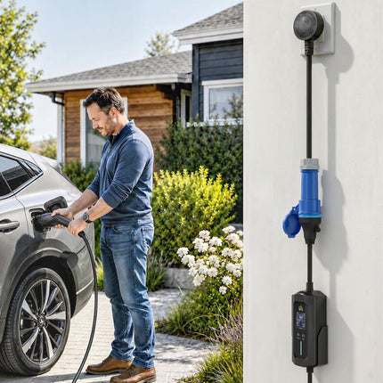 EV Charger 7kW Type 2 to Blue CEE 32A Plug with UK 3 Pin Adapter 10m