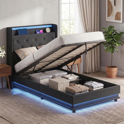 Ottoman Single Bed Frame with 360 Degrees LED Lights, Black, 90x190cm