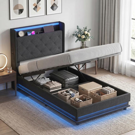Ottoman Single Bed Frame with 360 Degrees LED Lights, Black, 90x190cm