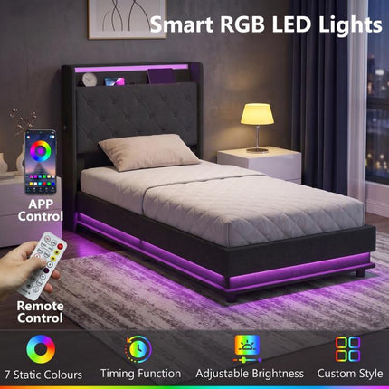 Ottoman Single Bed Frame with 360 Degrees LED Lights, Black, 90x190cm