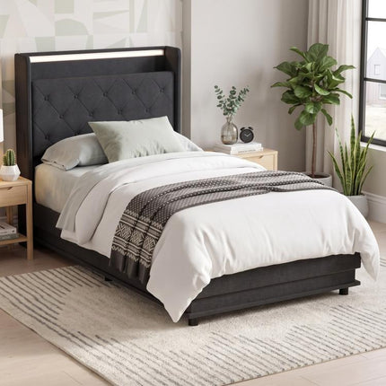 Ottoman Single Bed Frame with 360 Degrees LED Lights, Black, 90x190cm