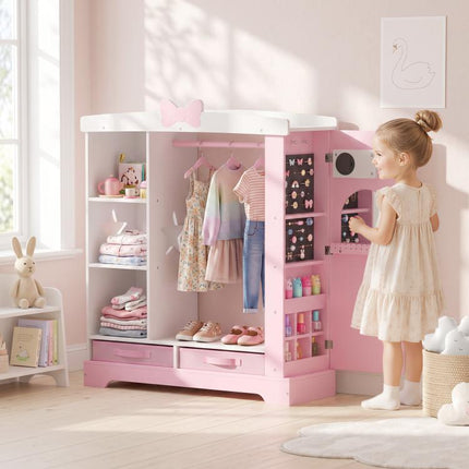Kids Wardrobe, Children Dress Up Storage, Lighted Mirror, Pink