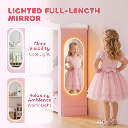 Kids Wardrobe, Children Dress Up Storage, Lighted Mirror, Pink