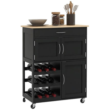 Clear Counters, Serve in Style – Rolling Kitchen Trolley with 9-Bottle Rack