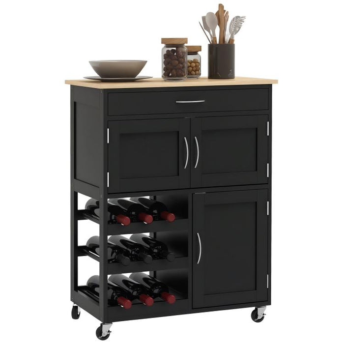 Clear Counters, Serve in Style – Rolling Kitchen Trolley with 9-Bottle Rack