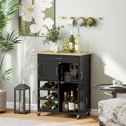 Clear Counters, Serve in Style – Rolling Kitchen Trolley with 9-Bottle Rack