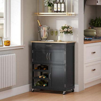 Clear Counters, Serve in Style – Rolling Kitchen Trolley with 9-Bottle Rack