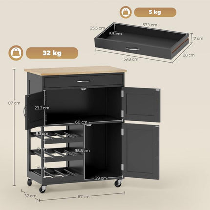 Clear Counters, Serve in Style – Rolling Kitchen Trolley with 9-Bottle Rack