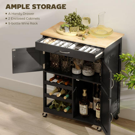 Clear Counters, Serve in Style – Rolling Kitchen Trolley with 9-Bottle Rack