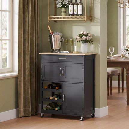 Clear Counters, Serve in Style – Rolling Kitchen Trolley with 9-Bottle Rack