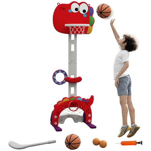 5-in-1 Dinosaur Basketball Set with Adjustable Basketball Stand and Golf Game, Indoor for Boys Girls, Red