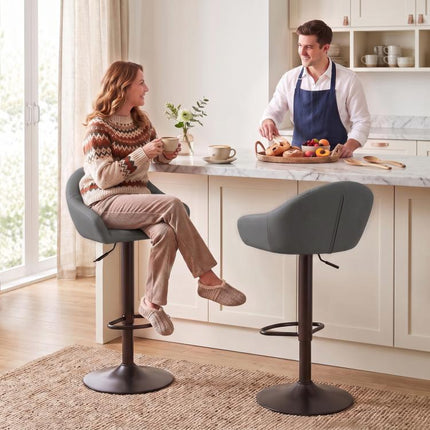 Set of 2 Adjustable Bar Stools Grey with Backrest Armrests Metal Base