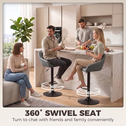 Set of 2 Adjustable Bar Stools Grey with Backrest Armrests Metal Base