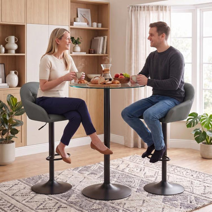 Set of 2 Adjustable Bar Stools Grey with Backrest Armrests Metal Base