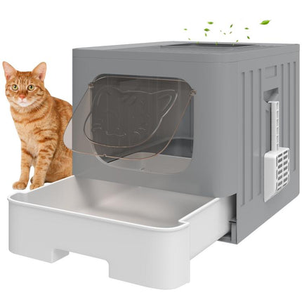 Cat Litter Box with Lid, Slide-Out Drawer, Scoop, Easy Clean, Odour Control, Anti-Splashing, Grey