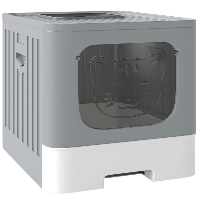 Cat Litter Box with Lid, Slide-Out Drawer, Scoop, Easy Clean, Odour Control, Anti-Splashing, Grey
