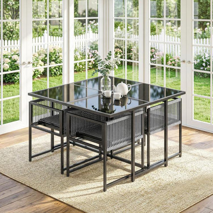 5 Pieces Garden Dining Set, Outdoor Patio Cube Set, 4 Seater Outdoor Table and Chairs with Foldable Backrest, Light Grey