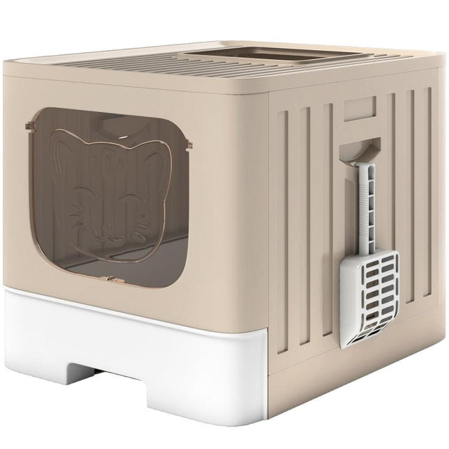 Cat Litter Box with Lid, Slide-Out Drawer, Scoop, Easy Clean, Odour Control, Anti-Splashing, Khaki