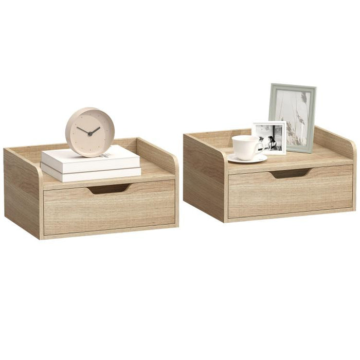 Floating Nightstands Set of 2, Wall Mounted Bedside Table with Drawer for Bedroom, Natural Wood