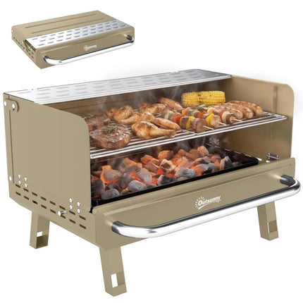 Portable BBQ Grill, Charcoal Barbecue Grill with Adjustable Grates, Foldable Legs, Side Shelf for Camping Travel, Khaki
